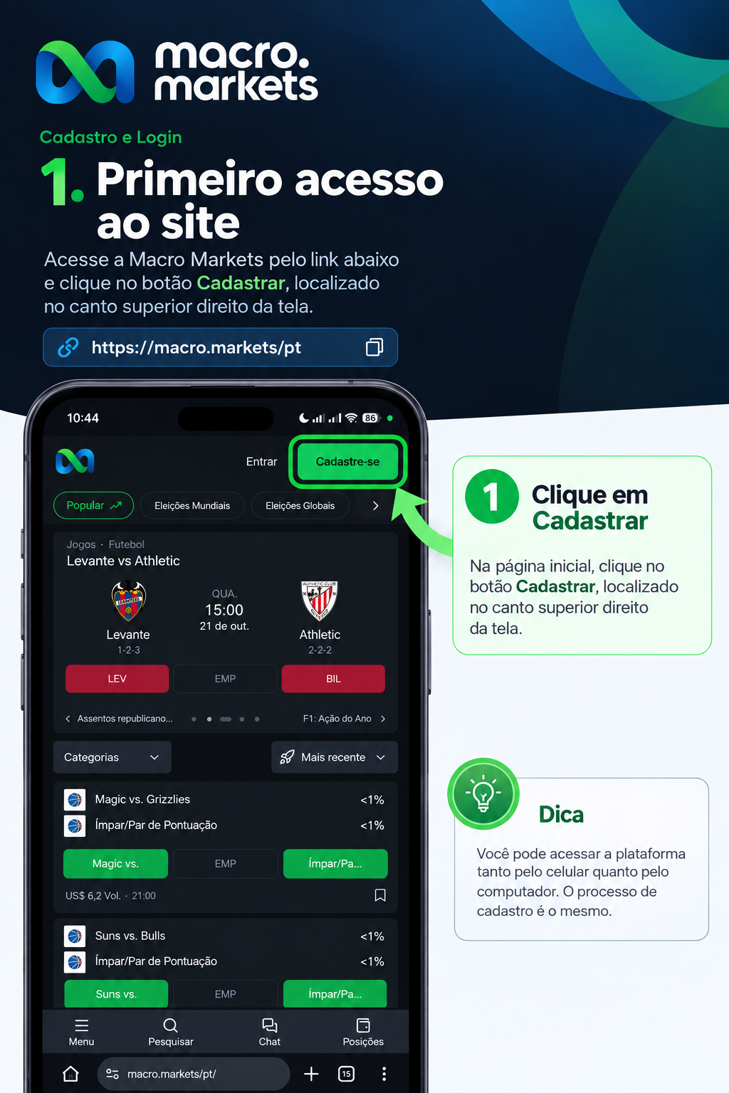 Infográfico do passo 1: primeiro acesso ao site Macro Markets